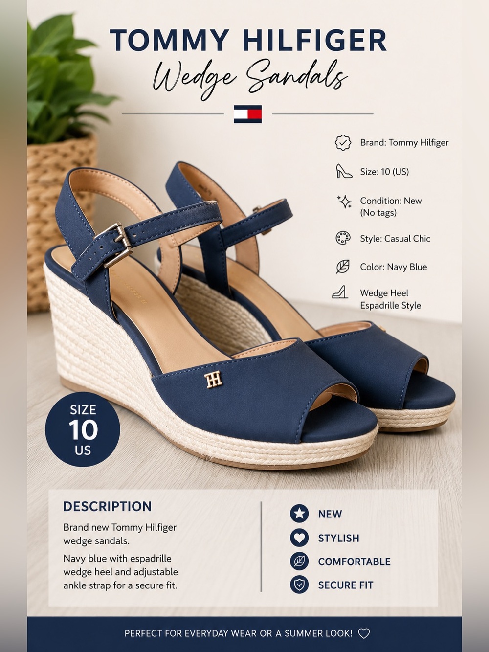 Firm Price Tommy Hilfiger Gallie Wedge Navy Blue Espadrille Sandals 10 NWOT